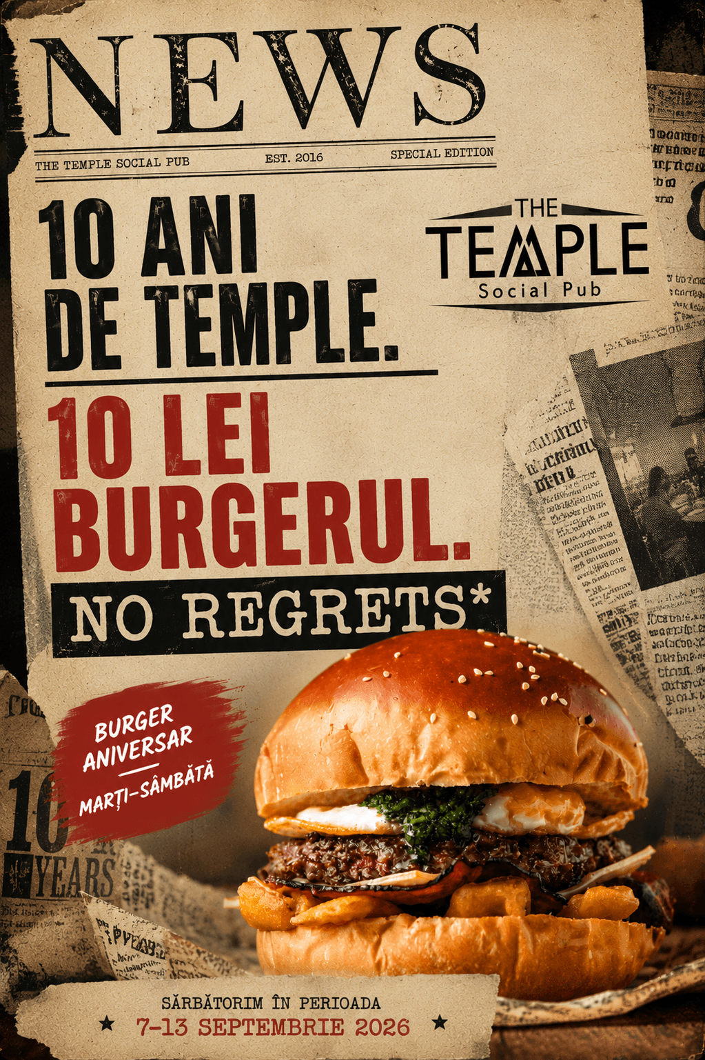 The Temple Social Pub împlinește 10 ani: burgeri, prieteni și #noregrets